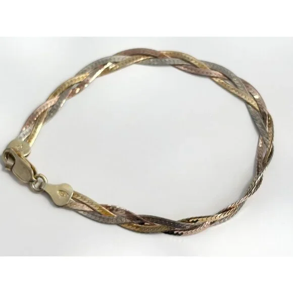 Italian HerringboneYellow Gold, Rose Gold & Silver 925 Vintage Bracelet - 7" - Picture 8 of 10